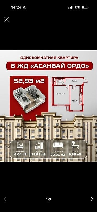 Батирлер: 1 бөлмө, 53 м², Асанбай мкр Элитка, 8 кабат, ПСО (өз алдынча бүтүрүү) — 1
