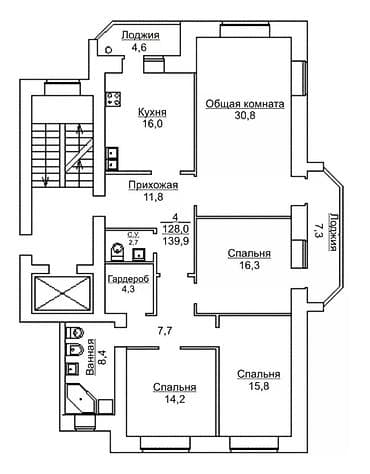кывартиры: 4 комнаты, 128 м² — 2