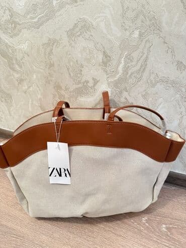 сумка для документов: Сумка-шоппер ZARA из плотного бежевого текстиля с отделкой из эко-кожи — 2