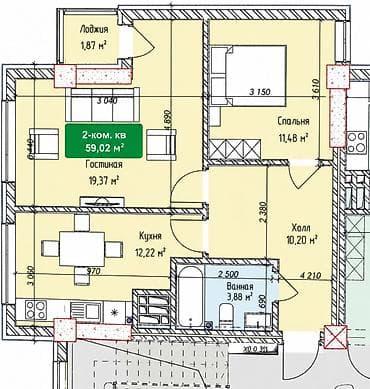 район пишпек дом: 2 комнаты, 58 м², Элитка, 7 этаж, Готовая ПСО (под самоотделку) — 8