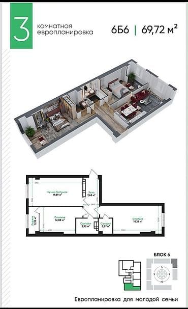3: 3 комнаты, 69 м², Индивидуалка, 5 этаж, ПСО (под самоотделку) — 2