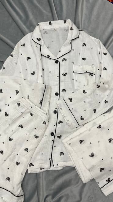 белая ночная сорочка: Пижама, Муслин, На пуговицах, S, M, XL — 1