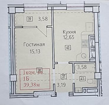 40: 1 комната, 40 м², Асанбай мкр Элитка, 12 этаж, ПСО (под самоотделку) — 2