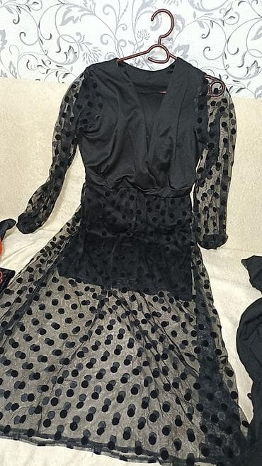 платье черный: Вечернее платье, Коктейльное, Длинная модель, Фатин, С рукавами, M — 1