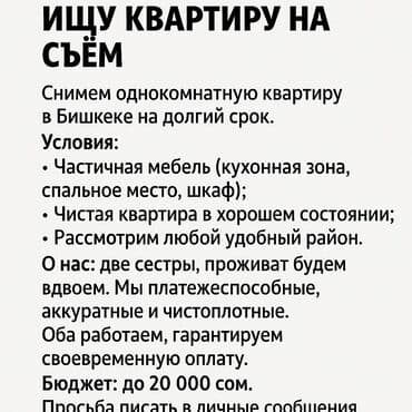 ареда квартира: Снимем однокомнатную квартиру в Бишкеке на долгий срок. Условия — 1
