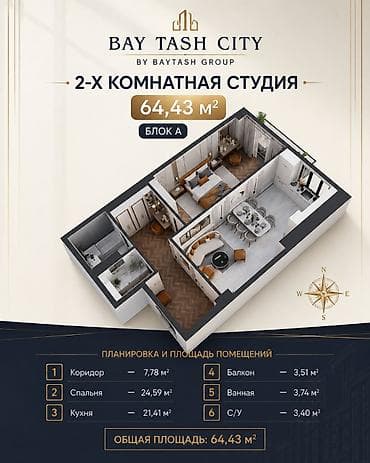 bay tash tower: 2 комнаты, 64 м², Кок-Жар мкр Элитка, 10 этаж, ПСО (под самоотделку) — 1