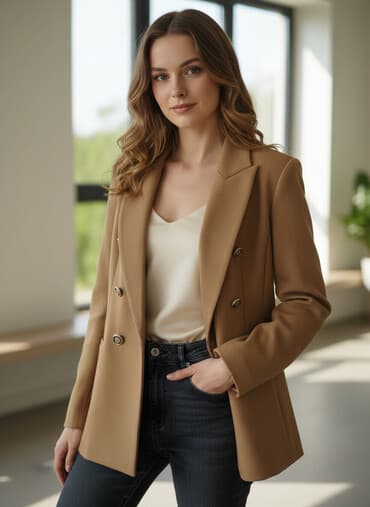 одежда для полных девушек в бишкеке: Женский пиджак ZARA - Цвет: капучино/кэмел. - Посадка: приталенный — 1