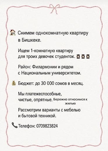 Снимем 1‑комнатную квартиру в Бишкеке для трёх студенток. - — 1