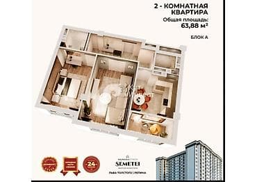 2 бөлмө, 64 м², Элитка, 10 кабат, Даяр ПСО (өзү оңдоп түзөтүп бүтүү үчүн) — 3