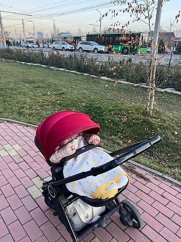 детская коляска 3 в 1: Детская коляска прогулочная с люлькой, бордовый оттенок - — 1