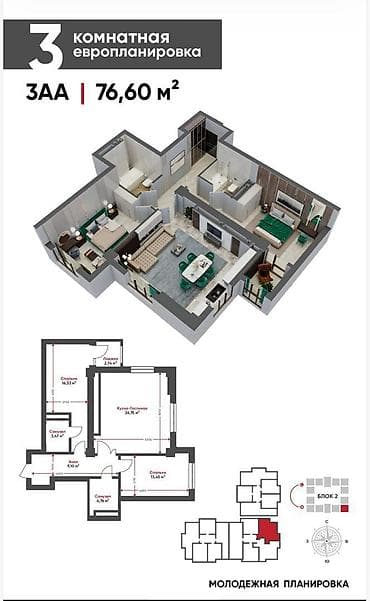 Недвижимость: 3 комнаты, 76 м², Элитка, 13 этаж, Готовая ПСО (под самоотделку) — 2