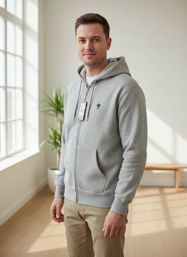 Серое худи на молнии с капюшоном - Цвет: меланжево‑серый - Фасон
