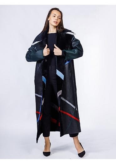 длинная кожаная куртка: Длинное женское пальто из натуральной кожи с комбинированным дизайном — 1