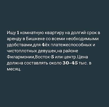 Ищем 1‑комнатную квартиру в аренду на долгий срок в Бишкеке. Нужны все