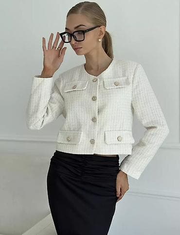 Жакет твидовый укороченный, молочно‑белый голубой