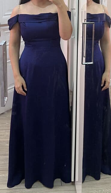 Темно синее атласное платье со спущенными плечиками, носили 1 раз на