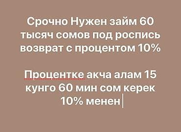 Запрос на займ: требуется 60 000 сомов под расписку. Возврат с