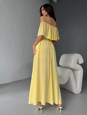 открытые плечи: Элегантное желтое макси-платье с открытыми плечами, идеально — 7