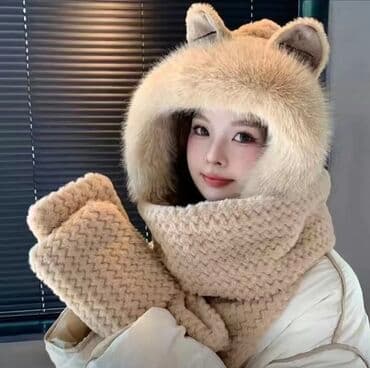 Шапка, Панда, Искусственный мех, Зима, С ушками, С шарфом, С варежками at lalafo.kg Шапка, Панда, Искусственный мех, Зима, С ушками, С шарфом, С варежками