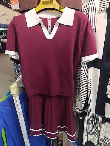 рубашку и юбку: Трикотажный костюм в стиле preppy: джемпер + плиссированная юбка - — 1