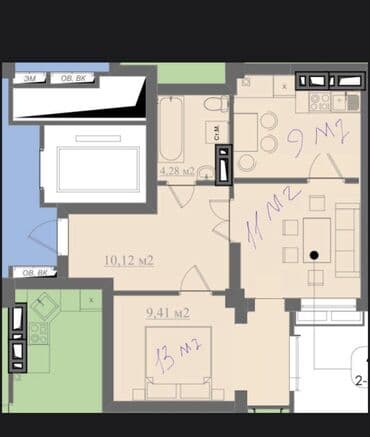 2 комнаты, 50 м², Элитка, 9 этаж, ПСО (под самоотделку)