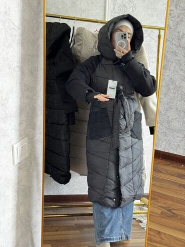 купить женский пуховик большого размера: Пуховик, Длинная модель, Китай, С капюшоном, Стеганый, С поясом — 5