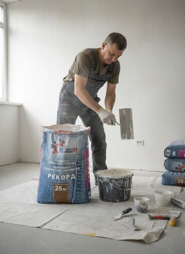 Полимерная финишная шпатлевка «Рекорд» в мешках по 25 кг. Подходит для