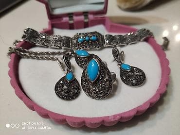 золото серьги кольцо: Бирюза + марказиты. Капельное серебро. Шикарный комплект!!! из 5 — 1