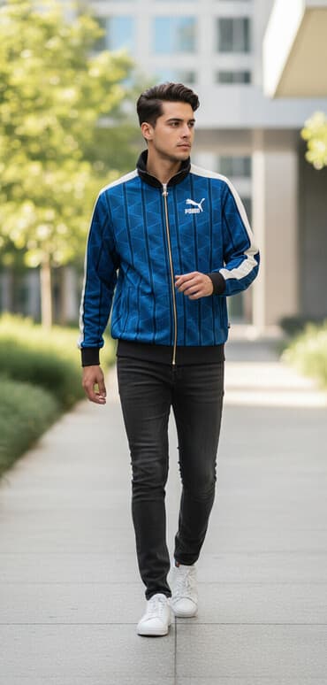 спортивное оборудование: Спортивная куртка Puma синего цвета с белыми вставками. Модель на — 2