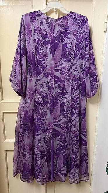 ночной одежда: Платье женское, длинное, сиренево-фиолетовое с абстрактным цветочным — 7