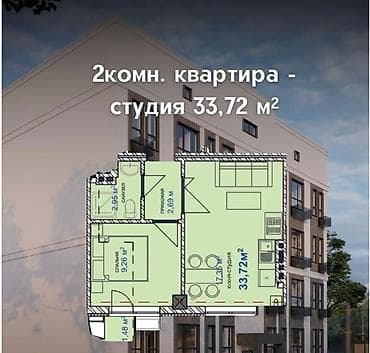 2 комнаты, 34 м², Индивидуалка, Ала-Арча ж/м Индивидуалка, 4 этаж, ПСО (под самоотделку) — 4