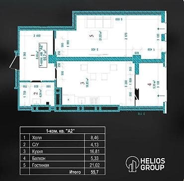 15: 1 комната, 56 м², Джал мкр (в т.ч. Верхний, Нижний, Средний) Элитка, 15 этаж, ПСО (под самоотделку) — 2