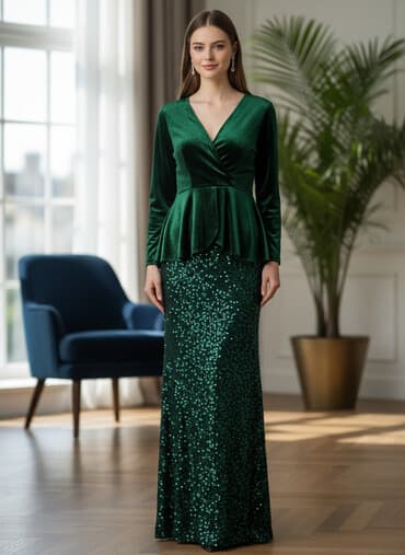 вечерний костюм: Вечерний комплект изумрудного цвета: длинное платье с пайетками + — 1