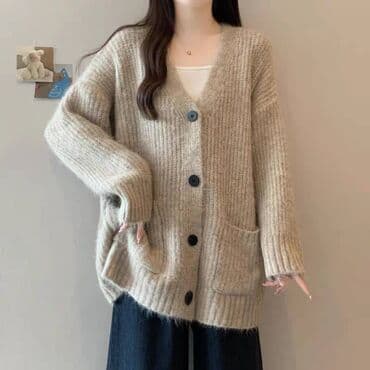 шерстяные кофты женские больших размеров: Кардиган, Трикотаж, Средняя модель, Осень-весна, С карманами — 2