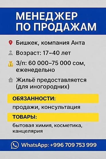 продаю вышивальную машинку: Вакансия: Менеджер по продажам Локация: Бишкек, компания Анта — 1