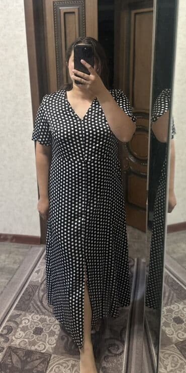 платье в горошек с длинным рукавом: Платья в горох, черные с белым принтом. 1) Миди-платье свободного — 2