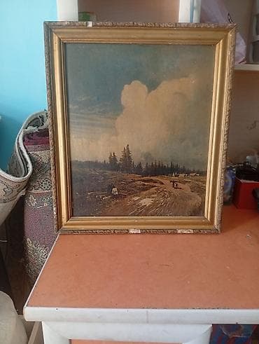 Литографская картина в багетной раме - Сюжет: сельский пейзаж с