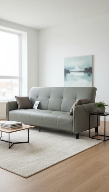 прикроватные тумбочки из экокожи: Диван современного дизайна в светло‑сером цвете. Особенности: - — 1