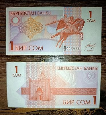 мечь: Банкнота Кыргызстана номиналом 1 сом (бир сом). Первый выпуск!!! — 1