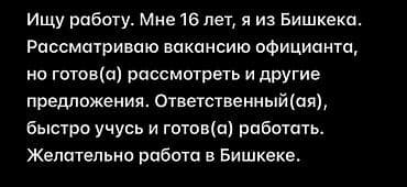 Резюме: Подросток 16 лет из Бишкека ищет работу. Интересует вакансия — 1