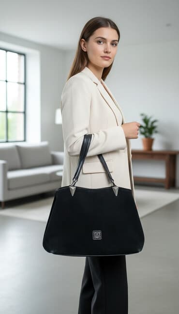 Женская сумка-тоут, б/у черная, комбинированная: лицевая сторона