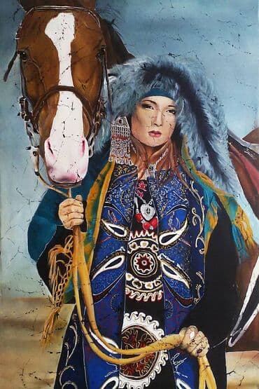 кыргызское национальное платье: Молодая женщина с лошадью, в трационной кыргызской одежде. Картина от — 6