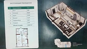 2 room flat: 1 комната, 50 м², Элитка, 12 этаж, Готовая ПСО (под самоотделку) — 1