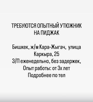 молодая гвардия баялинова: Гладильщик, Верхняя одежда, Оплата: Еженедельно, График работы: Шестидневка, Опыт работы: 1-2 года опыта — 1