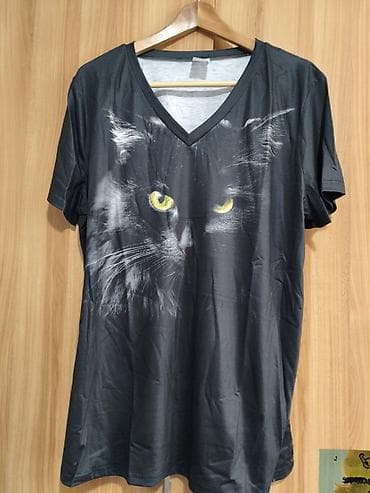 Футболка с V-образным вырезом и принтом чёрного кота - Цвет: чёрный с