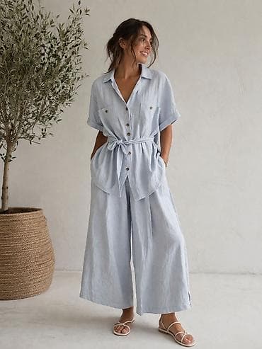 Льняной летний брючный костюм ZARA, размер M. Состав и ткань: - 100%