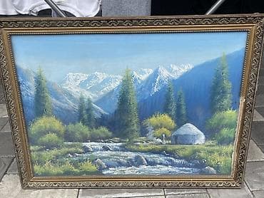 Шторы и жалюзи: Картина «Горный пейзаж с юртой» в резной раме - Живопись маслом на — 1