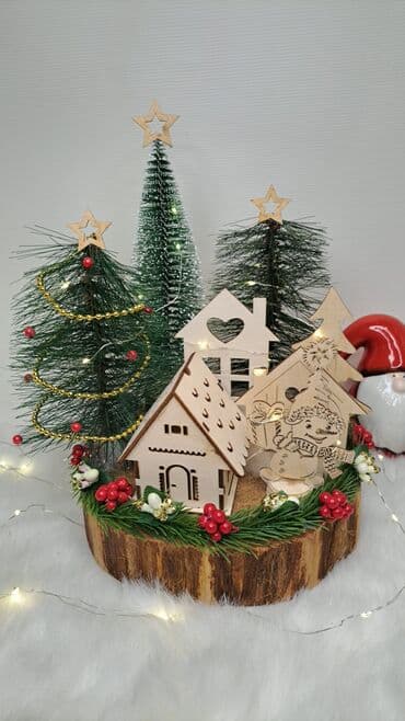 каток продаю: Новогодняя декоративная композиция «Зимняя деревушка» на спиле дерева — 10