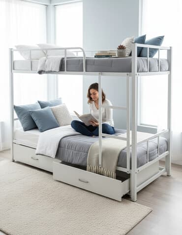 Шкафы: Двухъярусная кровать с металлическим каркасом и встроенными ящиками — 1