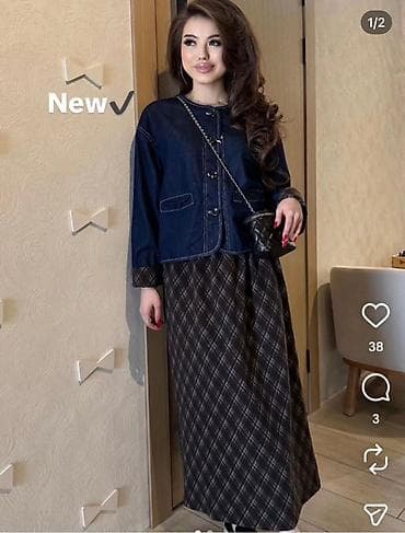 Костюмы: Комплект женский «For U»: джинсовый жакет + длинная юбка в клетку. - — 1